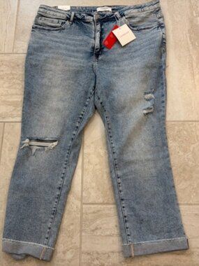 NWT Lovervet Tummy Control Distressed Jeans 24W High Rise Slim Straight Raw Hem